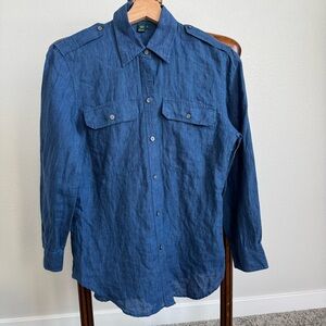 Lauren Ralph Lauren 100% Linen Blue Utility Shirt Size S